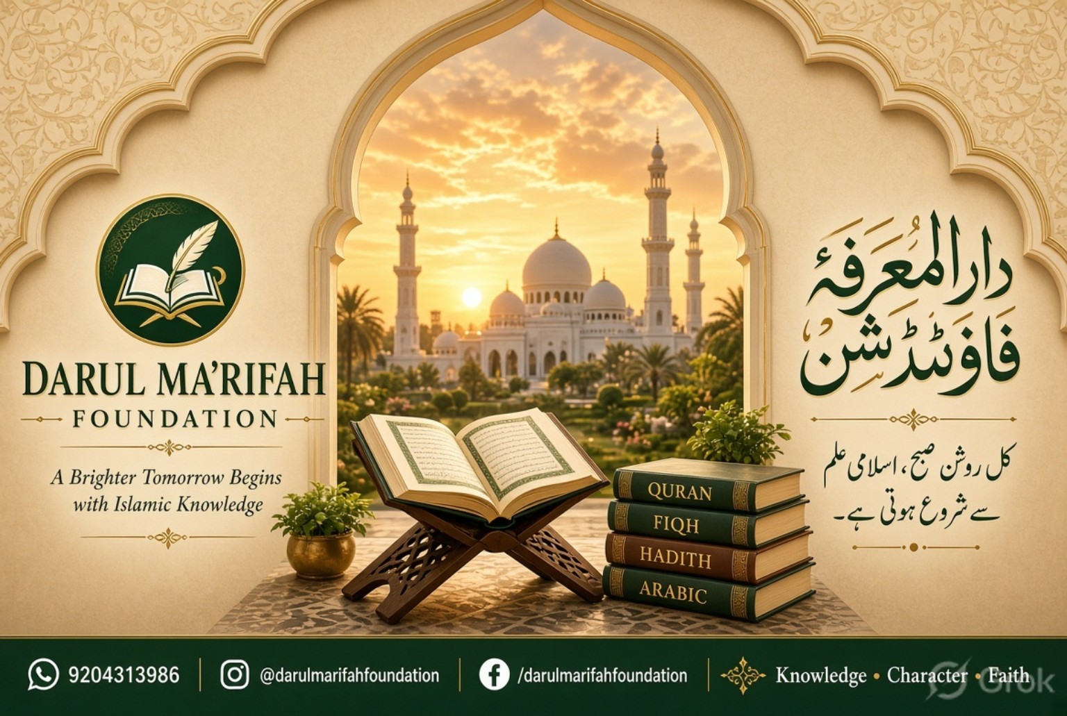 Brand poster: Knowledge, Character, Faith — building righteous generations through Islamic education