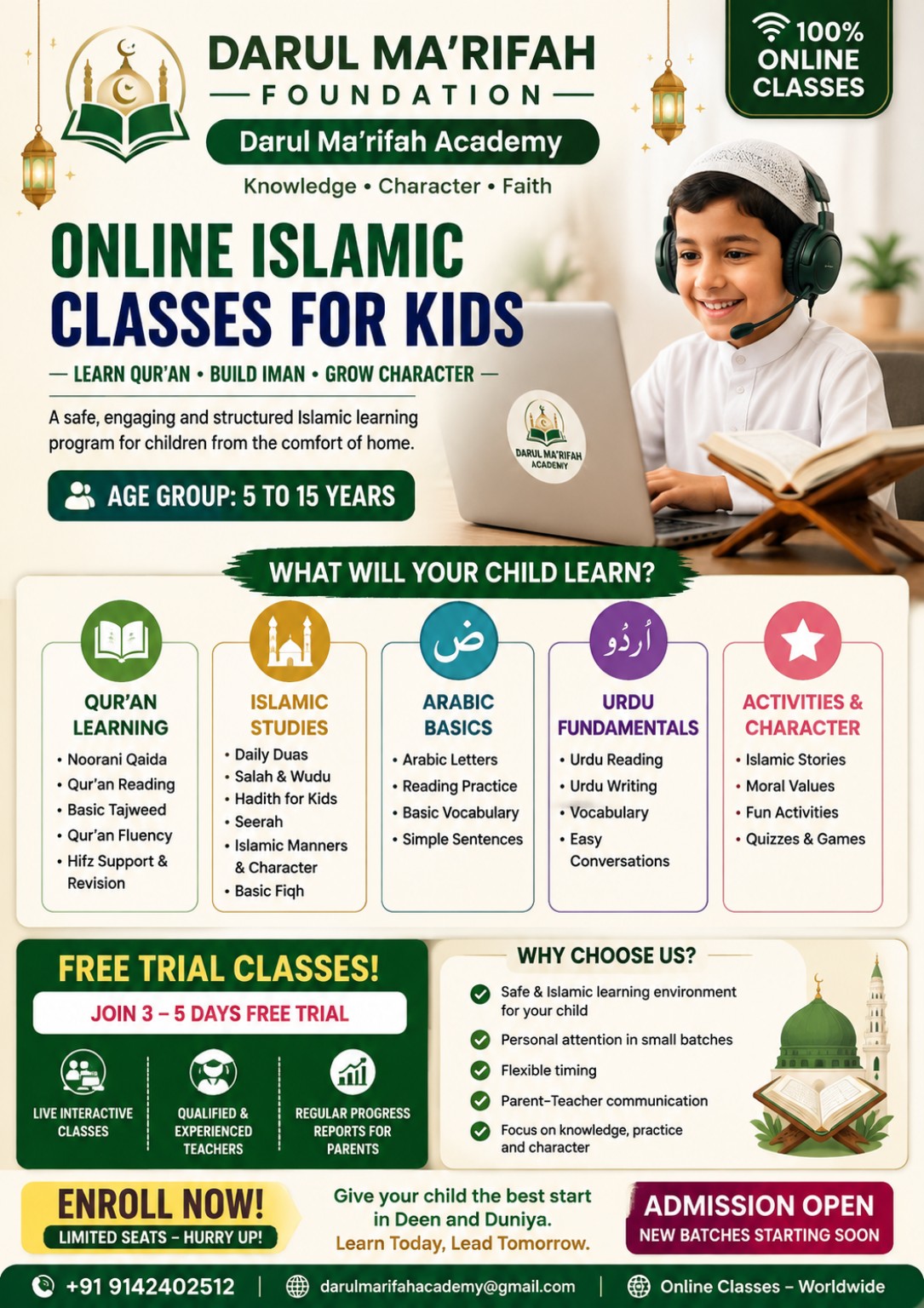 Kids Programme admissions poster — ages 5 to 15, 100% online Quran, Tajweed and Islamic studies